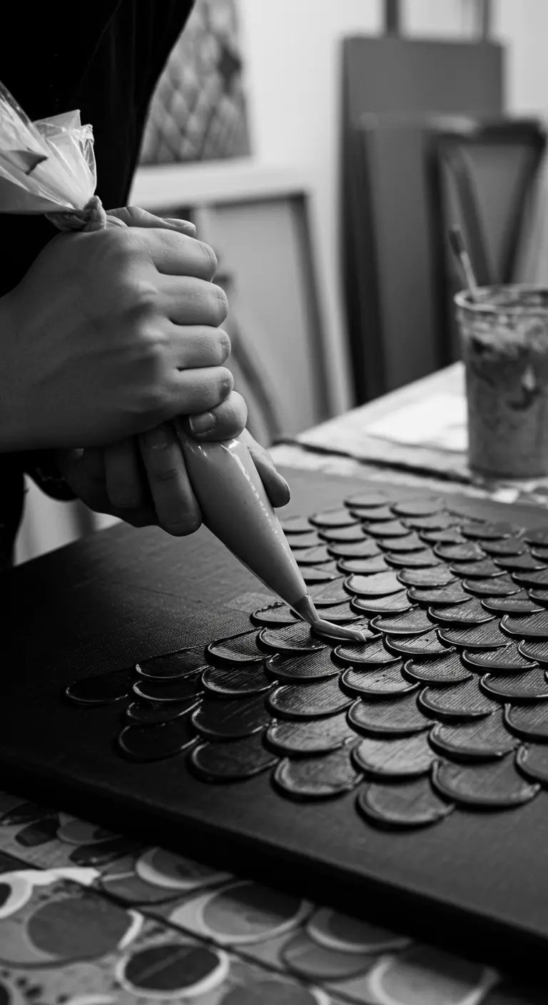 Persona aplicando pasta de relieve con una manga pastelera sobre un lienzo