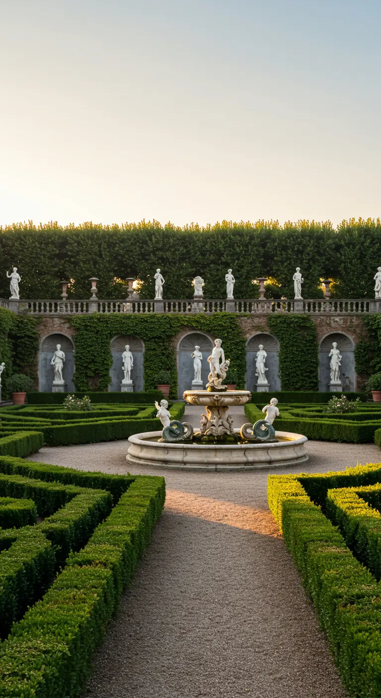 Jardín formal con laberinto de setos, fuente central y esculturas clásicas alineadas.