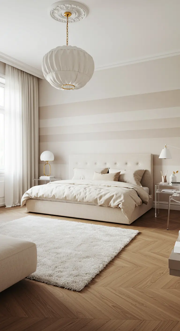 Dormitorio elegante con pared de rayas horizontales en tonos beige y una cama tapizada.