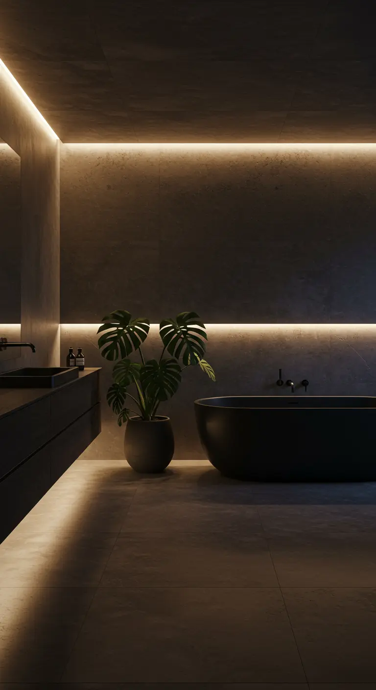 Baño minimalista en tonos oscuros con iluminación LED cálida e indirecta bajo el mueble y en el techo.