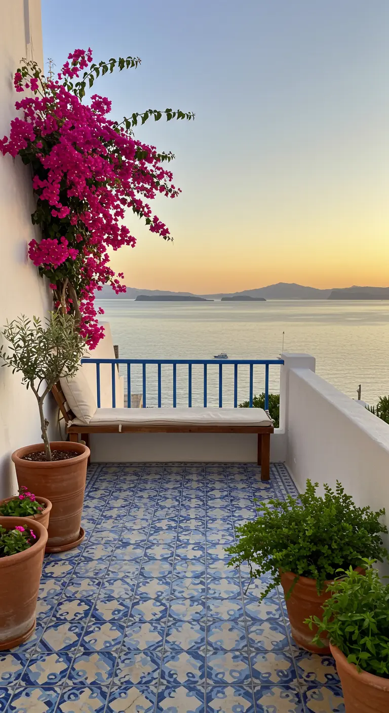 Balcón con suelo de azulejos azules, buganvilla fucsia y vistas al mar al atardecer.