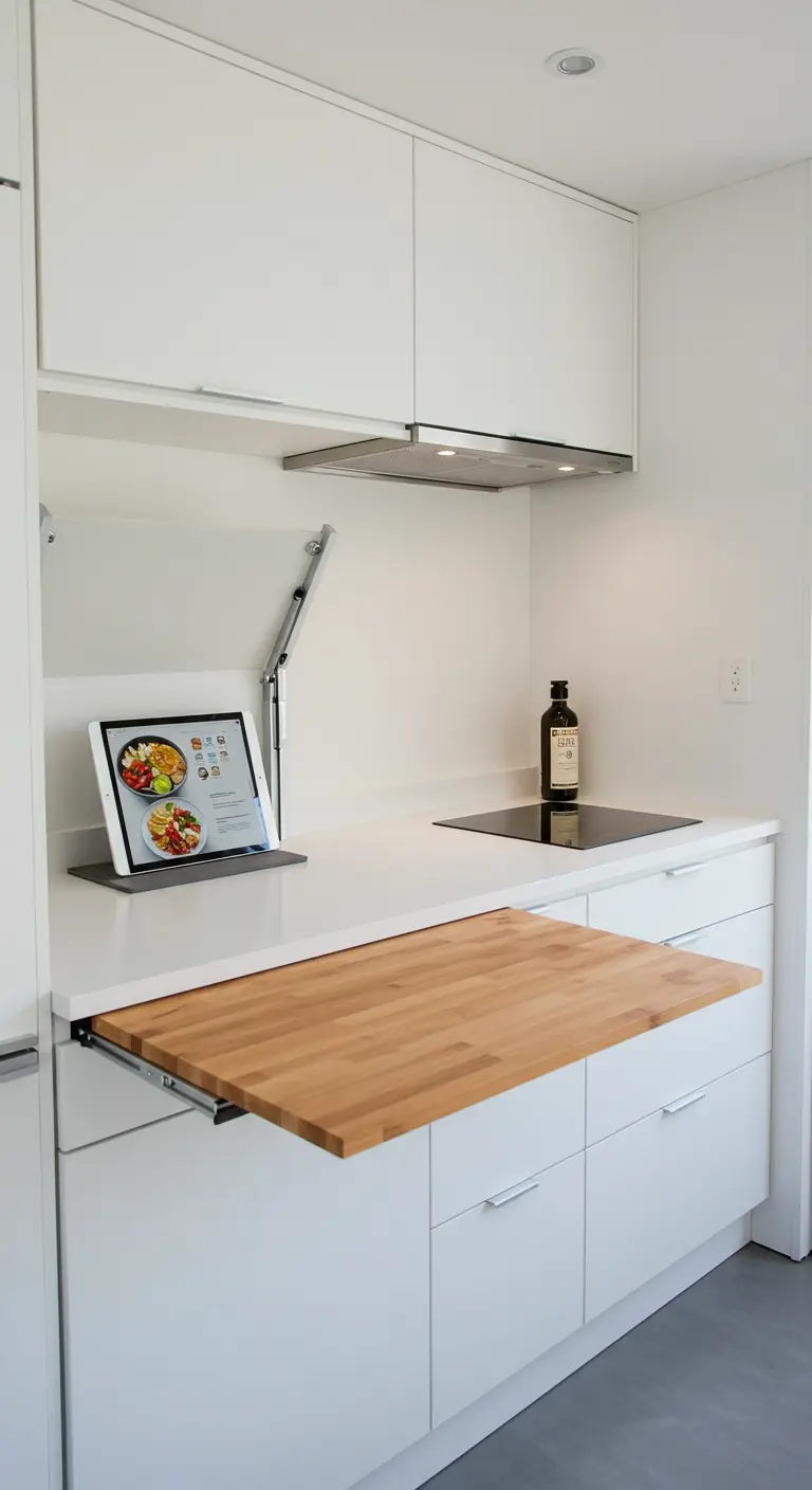 Encimera de cocina blanca con una tabla de cortar de madera extraíble y un soporte para tablet.