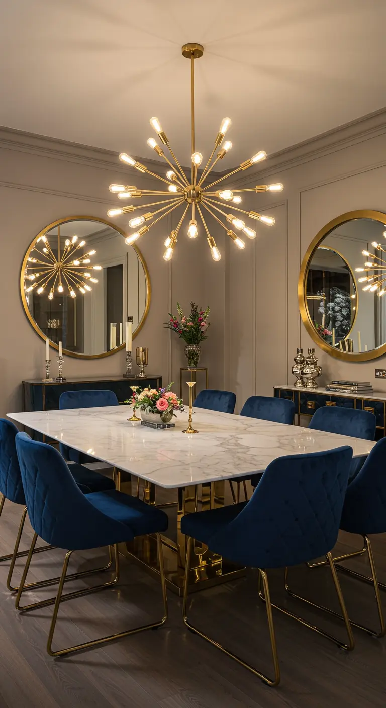 Comedor elegante con dos espejos redondos dorados, lámpara sputnik y sillas de terciopelo azul
