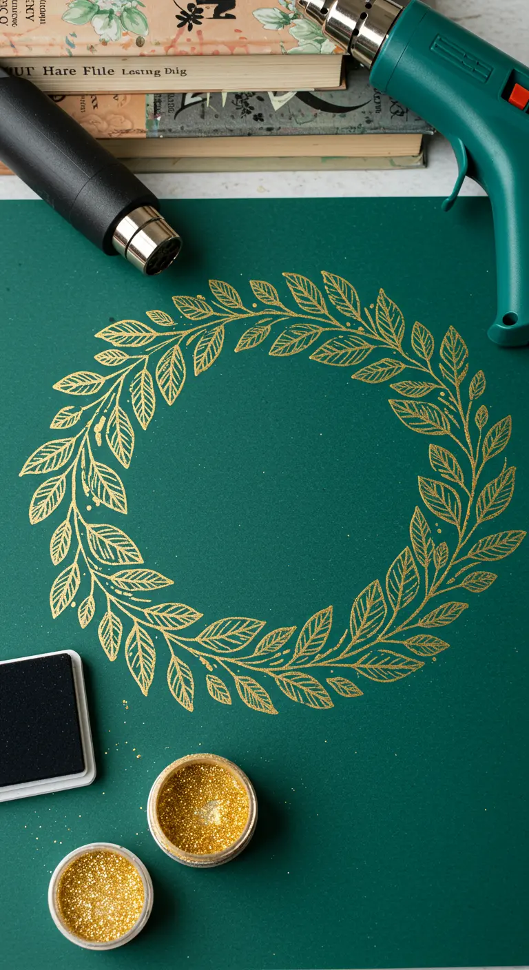 Corona de hojas dorada hecha con la técnica de embossing sobre cartulina verde oscuro.