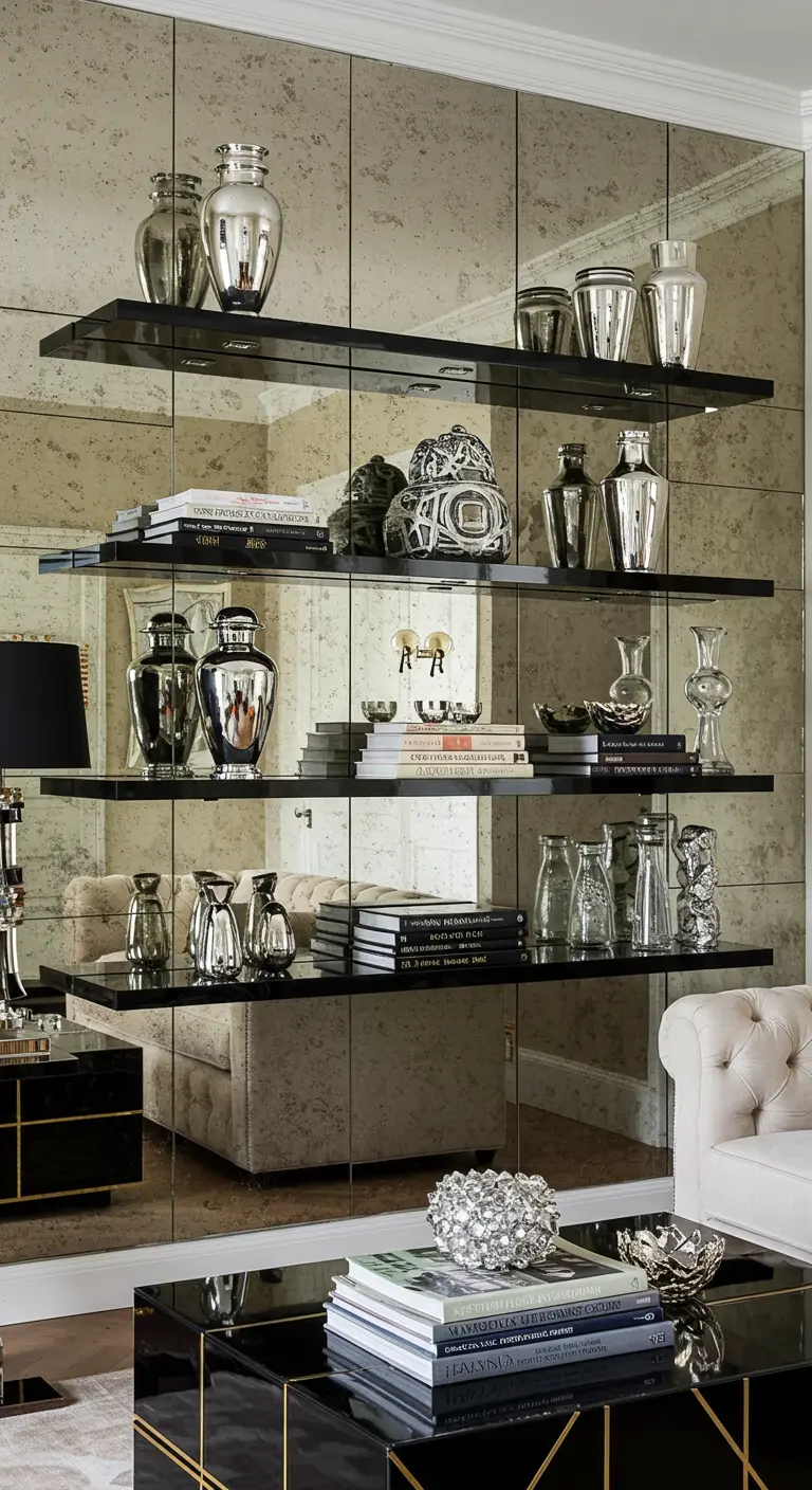 Estanterías flotantes negras sobre una pared de espejos, reflejando objetos decorativos plateados.