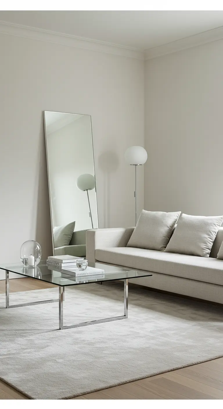 Espejo de cuerpo entero apoyado en la pared de una sala de estar minimalista