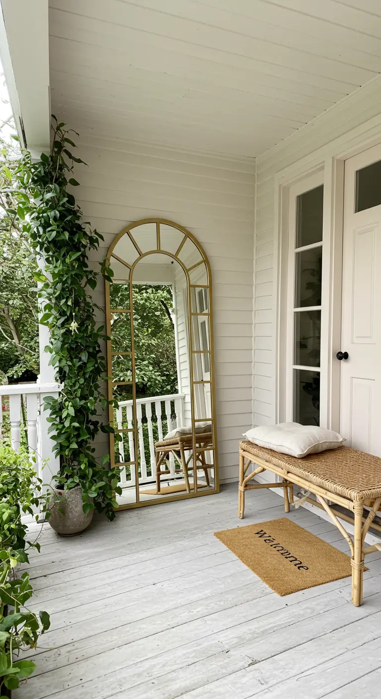 Porche blanco con un gran espejo de arco dorado apoyado en la pared, un banco de bambú y una planta trepadora.