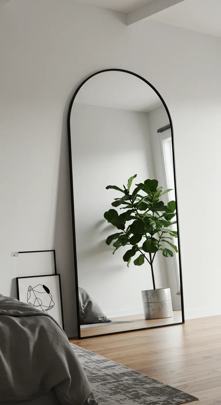 Espejo de cuerpo entero con marco negro y forma de arco, apoyado contra una pared blanca en un dormitorio.
