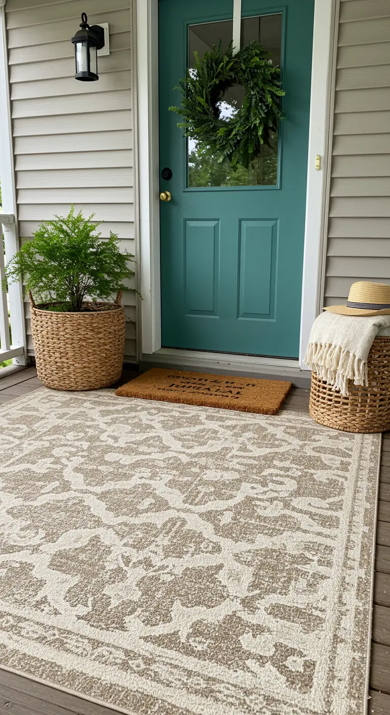 Entrada con una alfombra grande estampada debajo de un felpudo de coco, con cestas de mimbre y plantas.