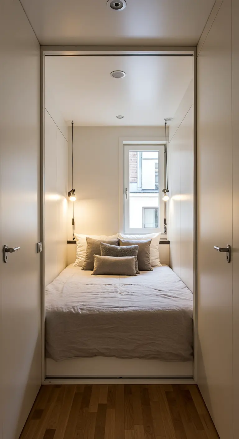 Dormitorio pequeño y estrecho con un espejo de pared completa al pie de la cama, duplicando el espacio.