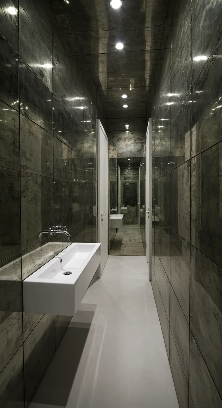 Baño estrecho y largo con paredes completamente cubiertas de espejos envejecidos