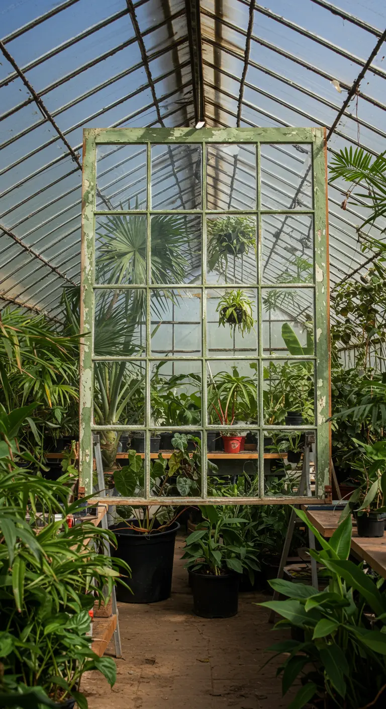 Espejo de ventana grande con marco verde decapado dentro de un invernadero lleno de plantas