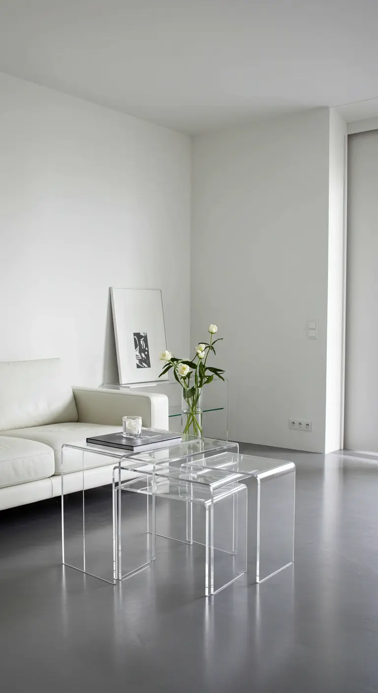 Juego de mesas nido de acrílico transparente en un salón blanco minimalista y moderno