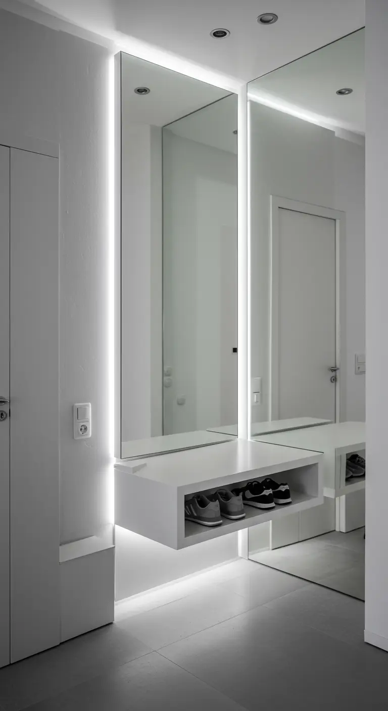 Recibidor minimalista con un zapatero flotante blanco y espejos con iluminación LED integrada.