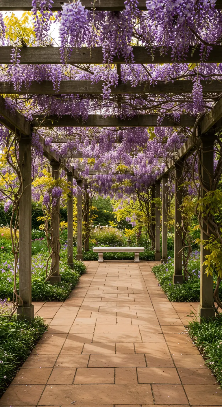 Pérgola de madera cubierta de glicinas en flor, con un banco de piedra al fondo.