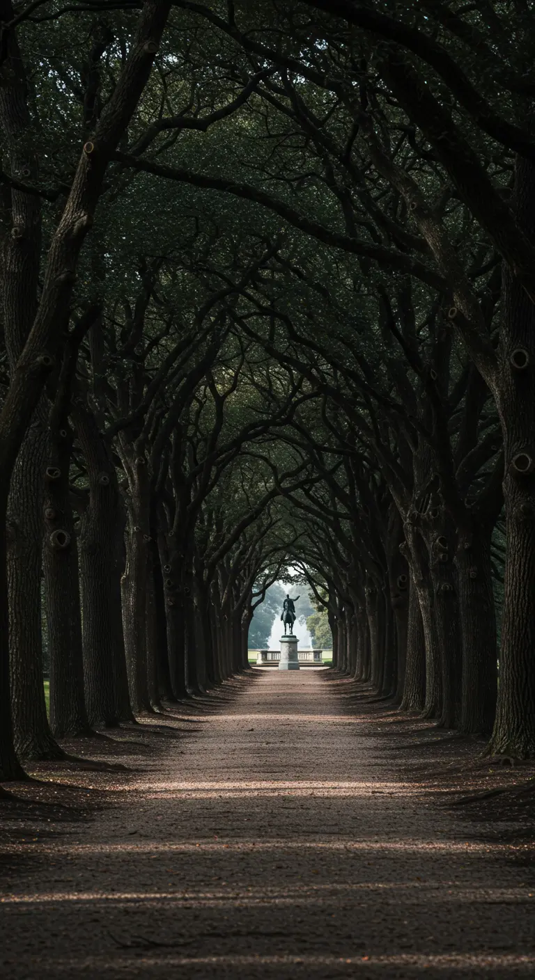 Largo camino de tierra bajo un túnel de árboles frondosos que lleva a una estatua ecuestre.
