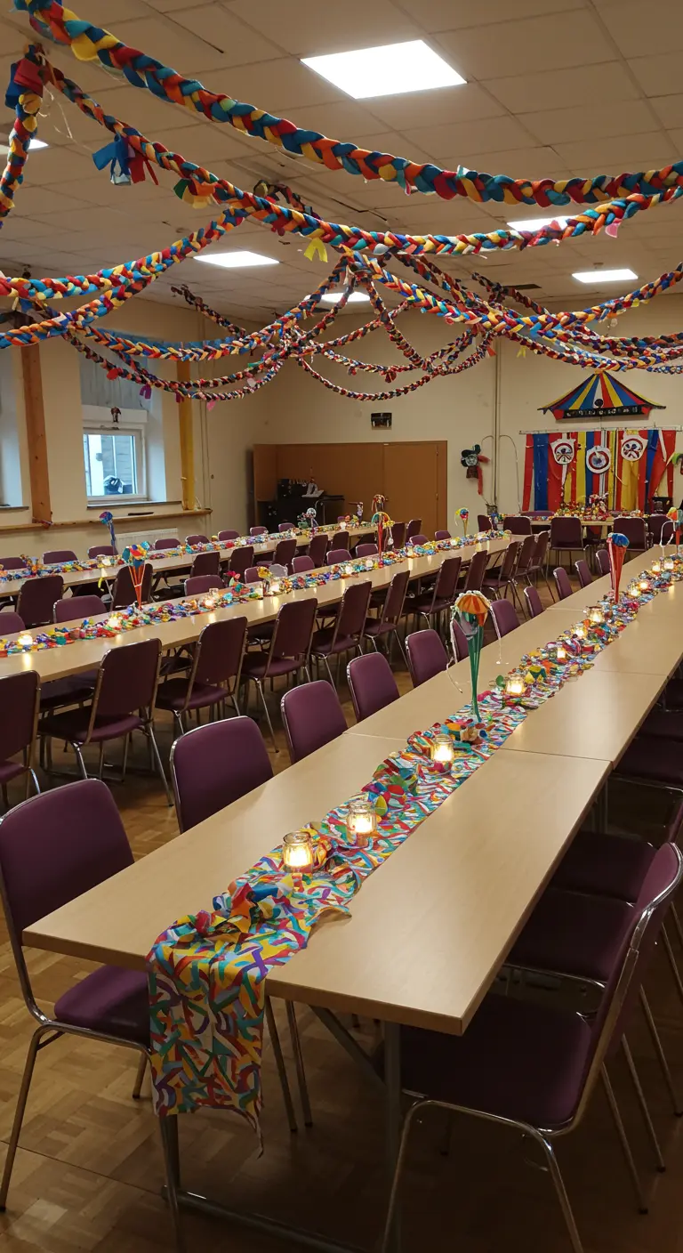 Salón comunal con mesas largas y guirnaldas de papel crepé trenzado de colores en el techo.