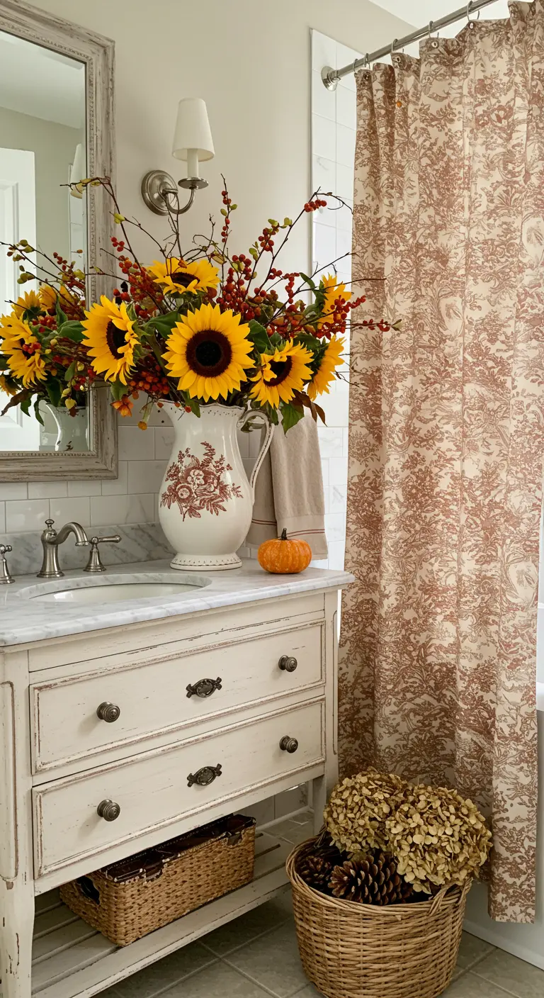 Lavabo de estilo rústico con una jarra grande llena de girasoles y bayas otoñales.