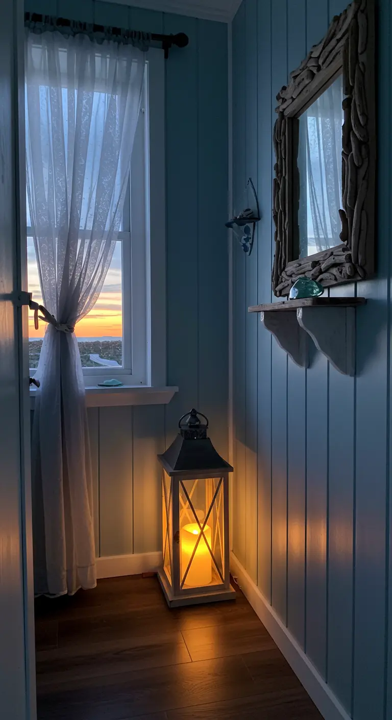 Rincón costero con un farol grande iluminado, espejo de madera de deriva y una ventana con visillo.