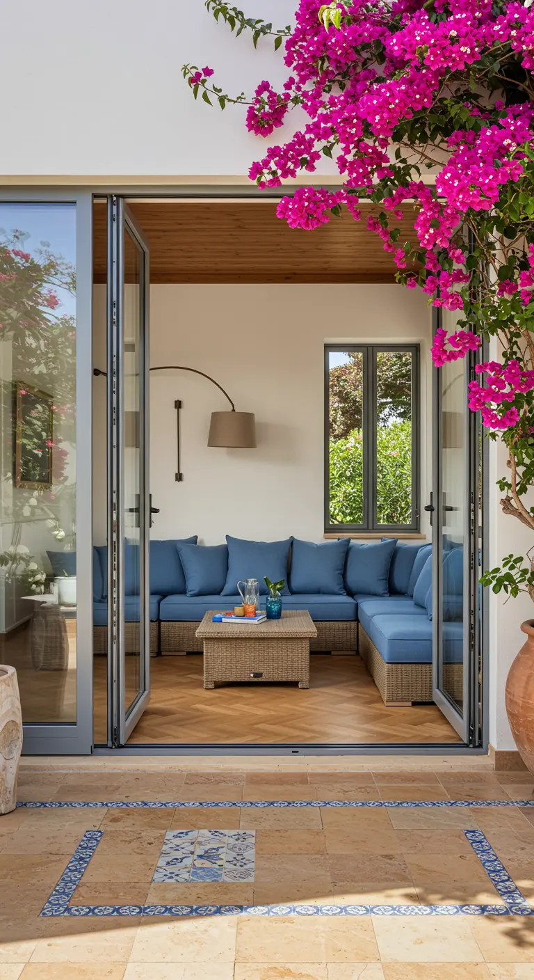 Vistas desde un patio hacia un salón a través de puertas de cristal, con baldosas decorativas en el suelo.