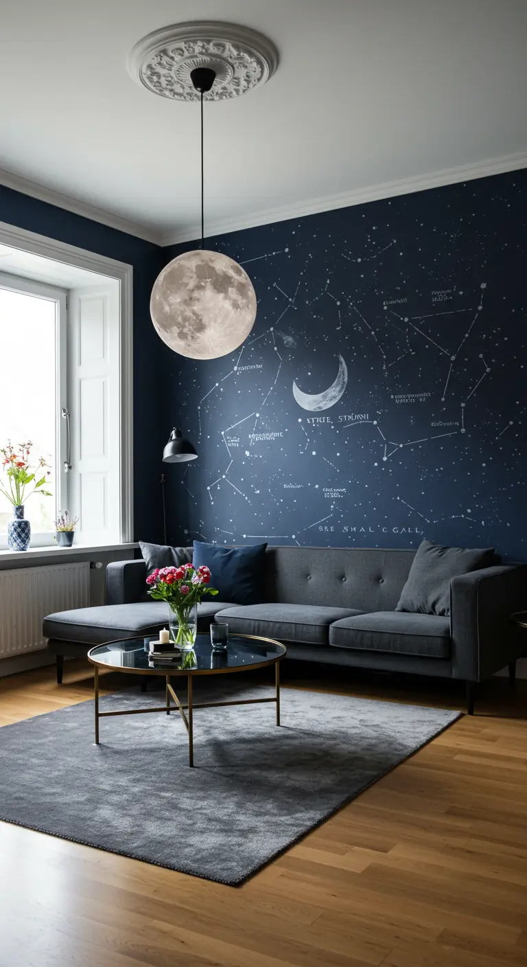 Sala de estar azul marino con mural de constelaciones y una lámpara colgante en forma de luna.