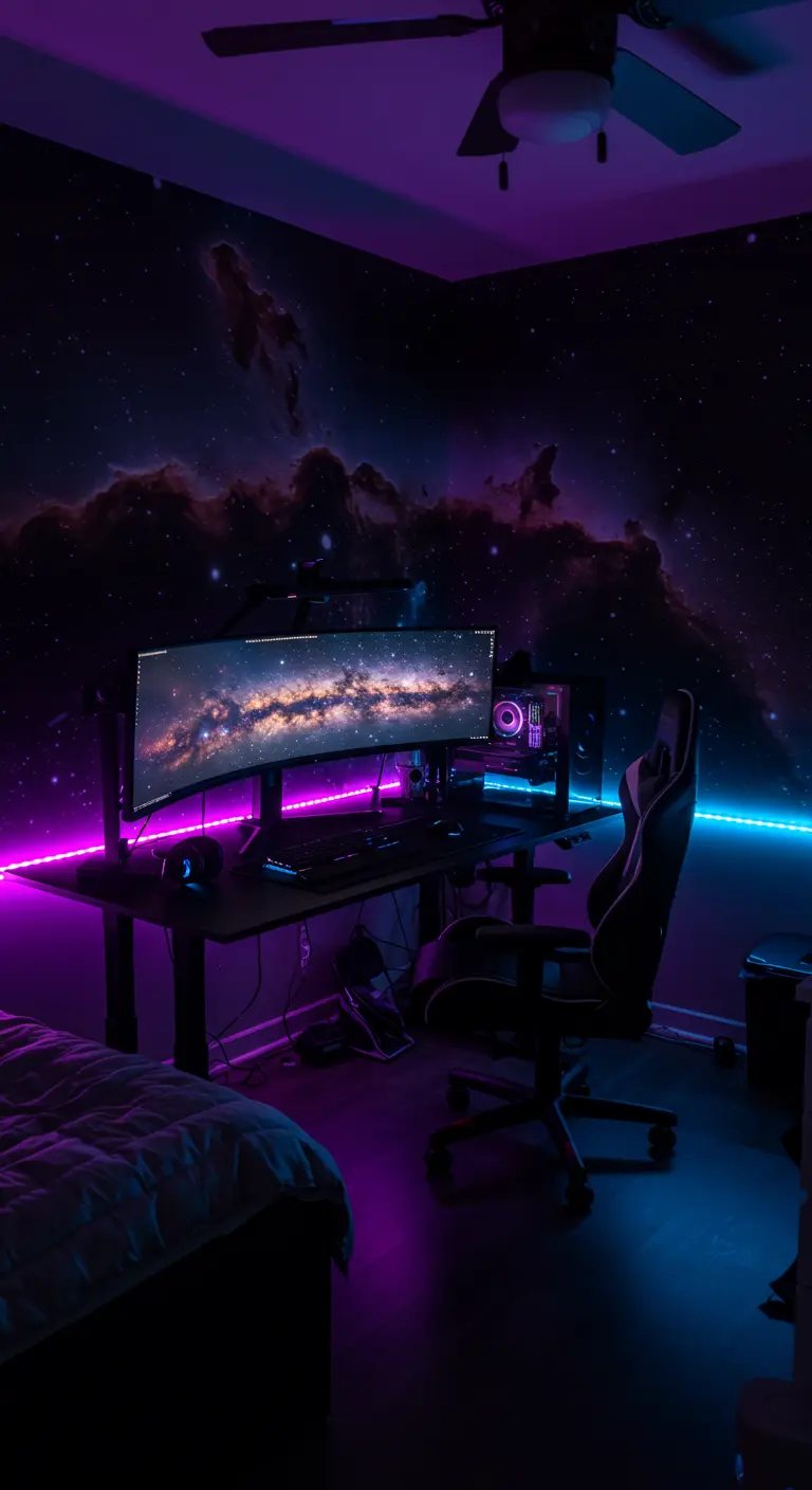 Estudio de gaming con un mural de nebulosa en la pared y luces LED magenta y cian.