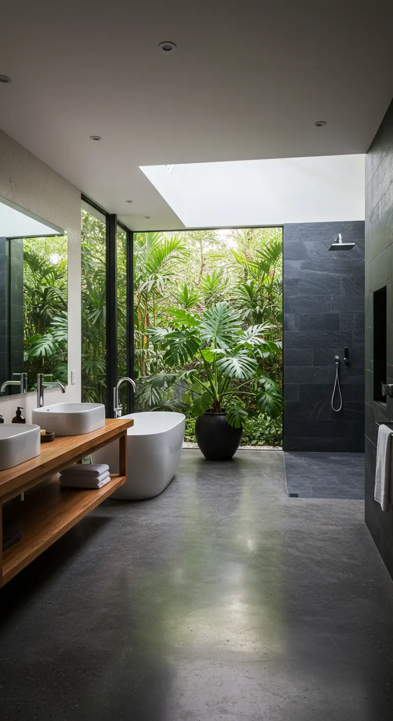 Baño moderno con un gran ventanal que da a un jardín tropical frondoso