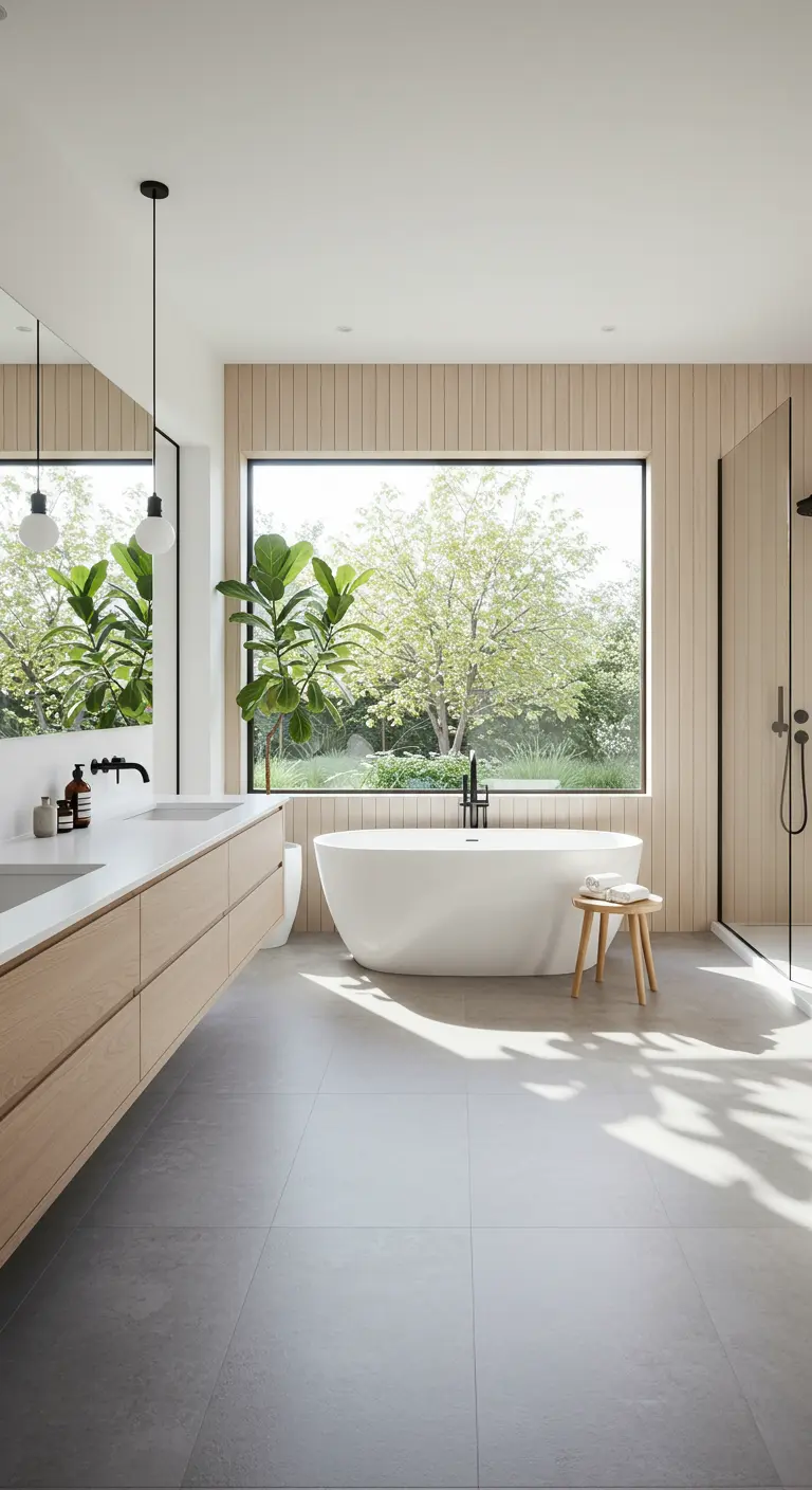 Baño nórdico con gran ventanal, bañera exenta y mueble flotante de madera clara.