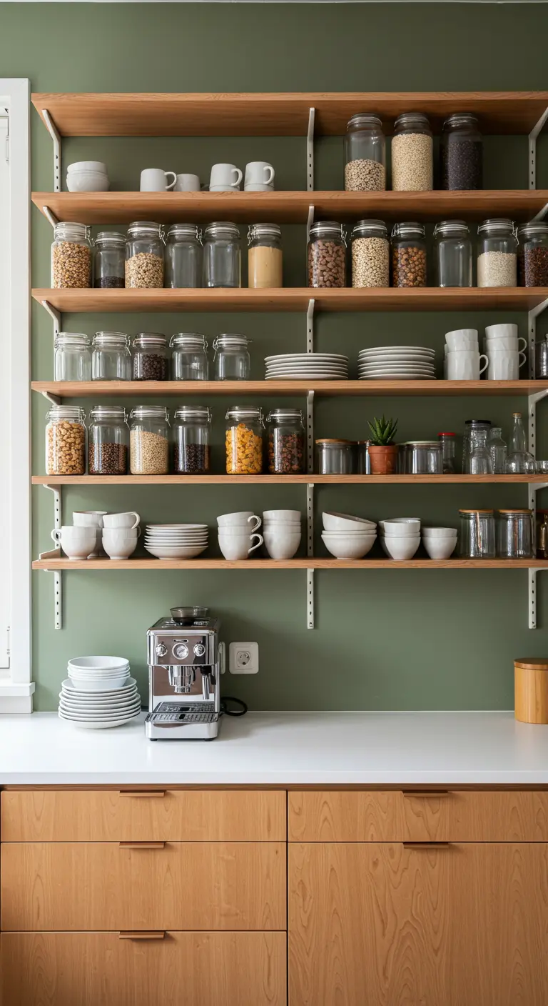 Estanterías de madera clara sobre una pared verde salvia, con vajilla y frascos organizados.
