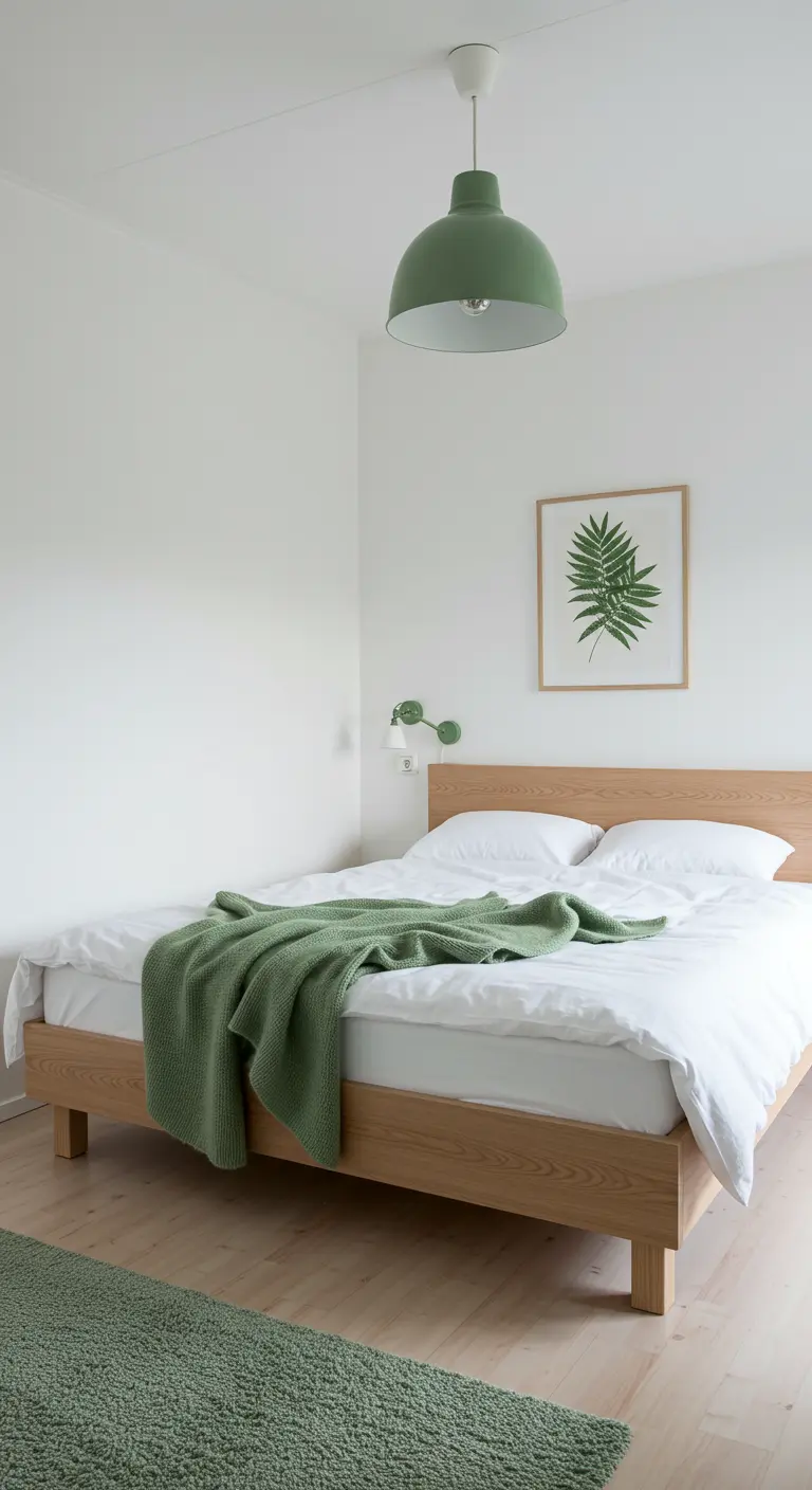 Dormitorio blanco y madera con acentos en color verde salvia en la manta y la alfombra