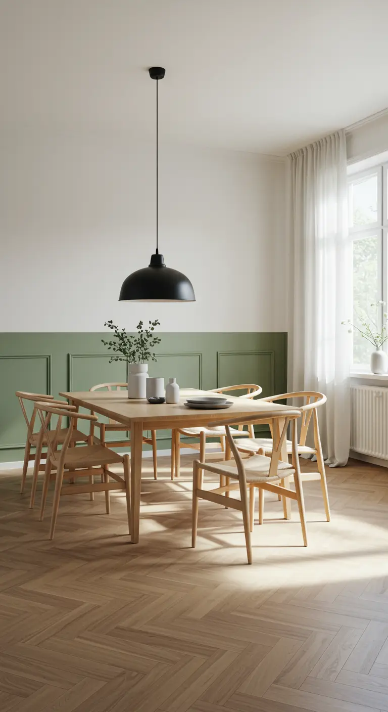 Comedor escandinavo con pared pintada a media altura en verde salvia y muebles de madera clara.