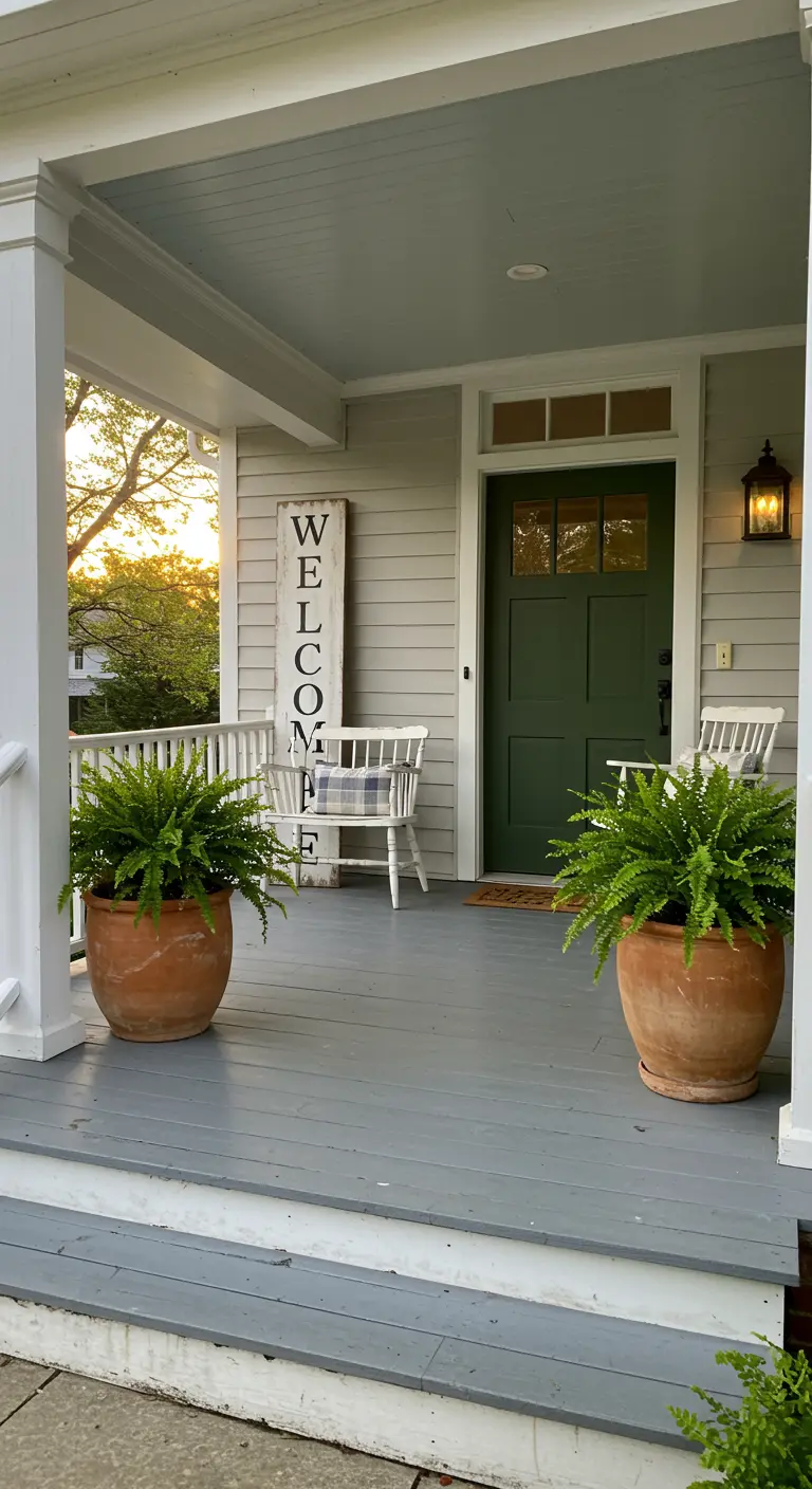 Porche de granja con suelo gris, puerta verde, banco blanco y helechos frondosos en macetas.