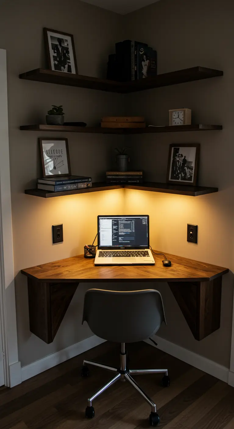 Escritorio esquinero flotante de madera oscura con iluminación LED inferior.
