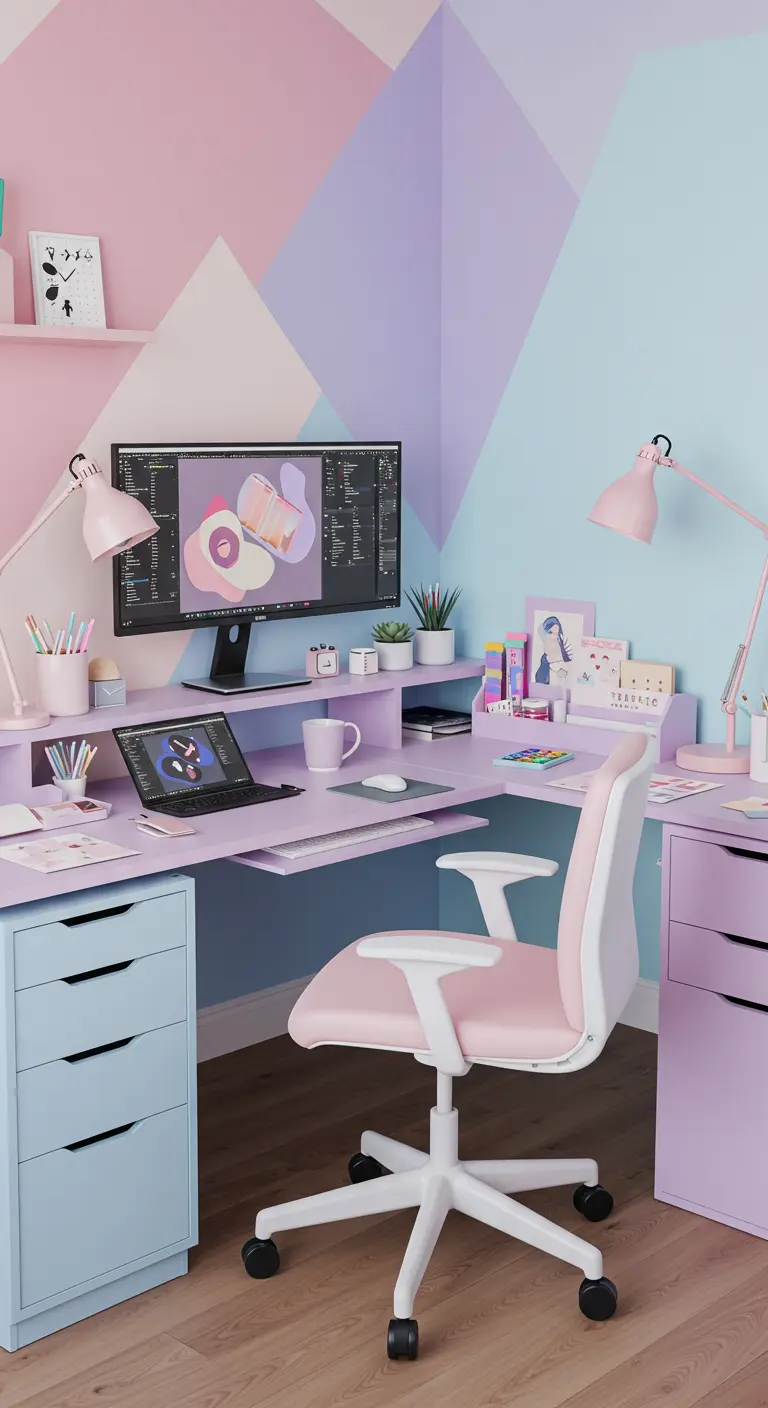 Escritorio esquinero en tonos pastel con un diseño de pared geométrico en rosa, lila y azul.