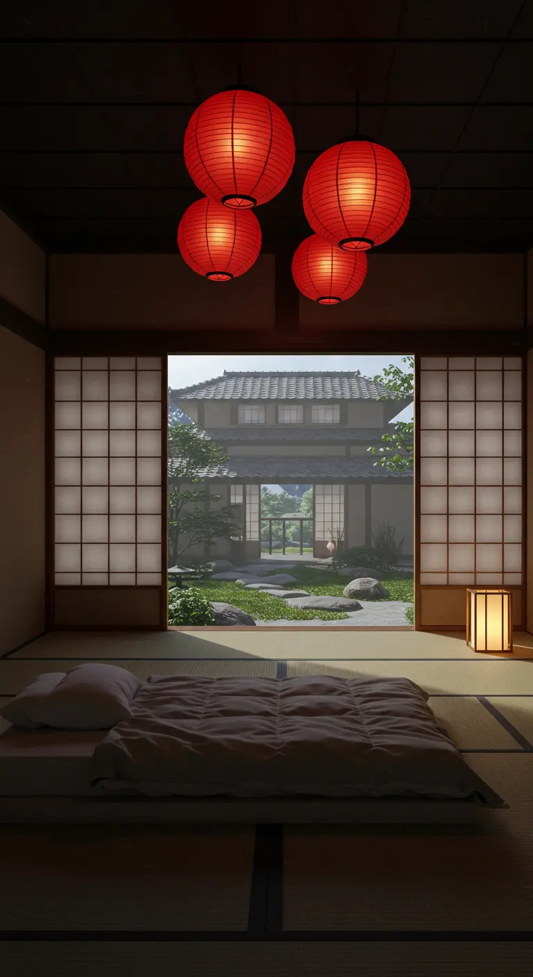 Dormitorio japonés con futón en el suelo, puertas correderas y vistas a un jardín zen.
