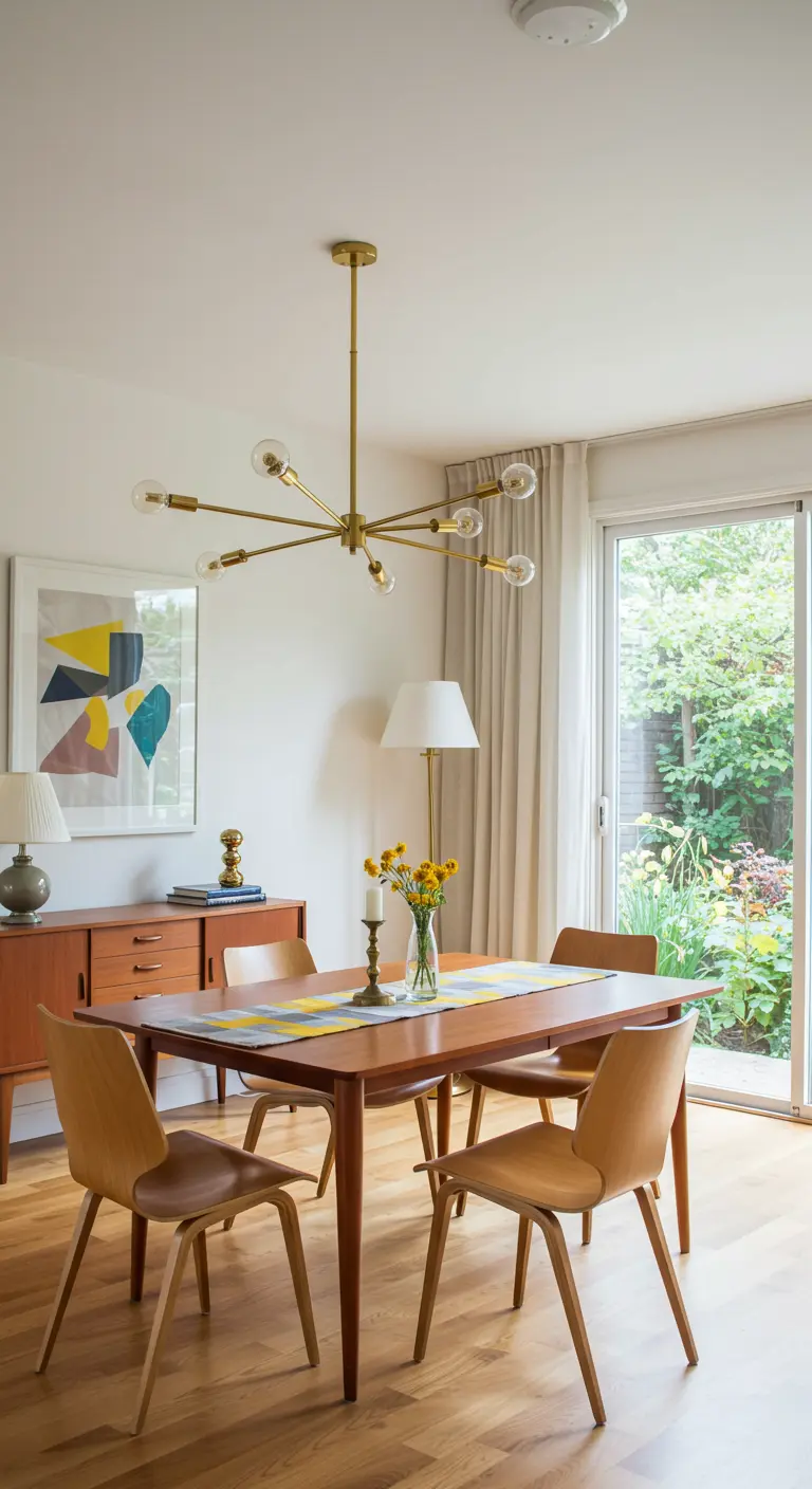 Comedor Mid-Century Modern con aparador de teca, lámpara sputnik y sillas de madera.
