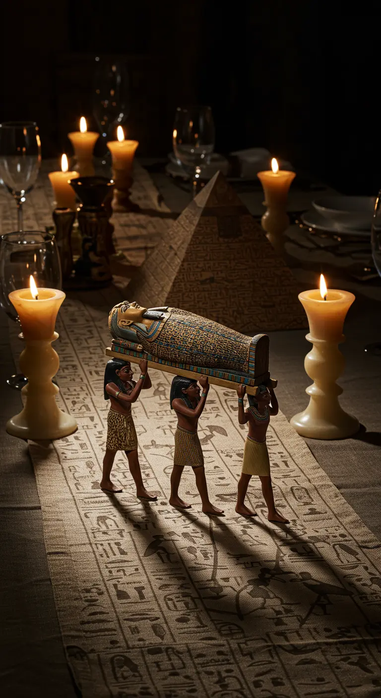 Procesión egipcia con un sarcófago en miniatura sobre un camino de mesa con jeroglíficos.