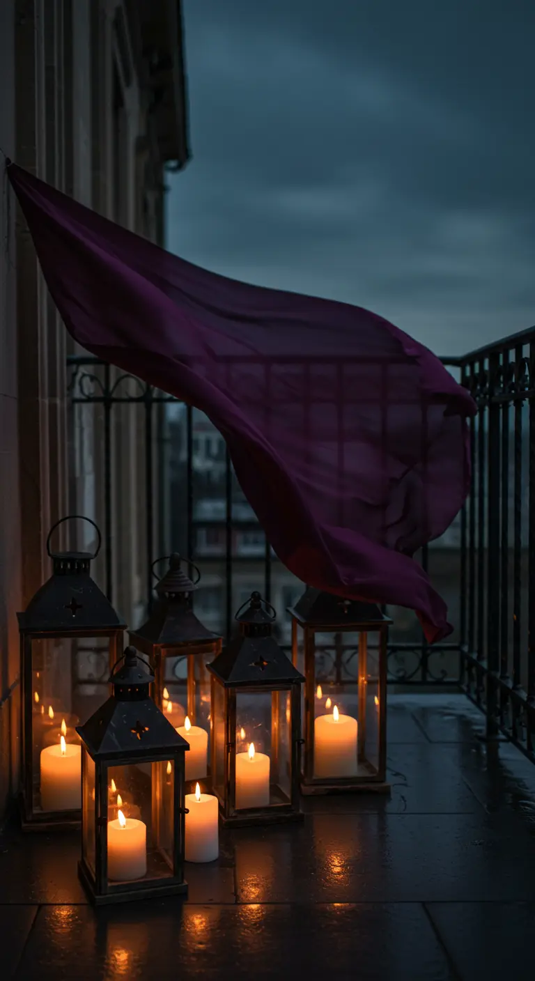 Tela morada ondeando al viento en un balcón oscuro con faroles y velas encendidas.