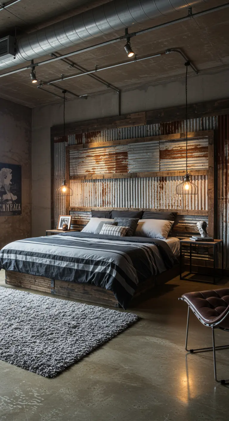 Cabecero de estilo industrial hecho con paneles de metal corrugado oxidado dentro de un marco de madera