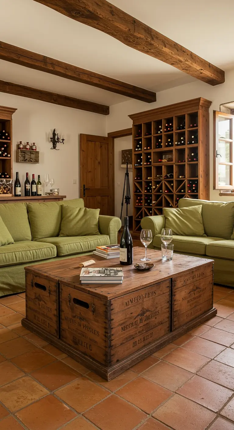 Mesa de centro cuadrada hecha con cuatro cajas de vino de madera dispuestas en círculo.