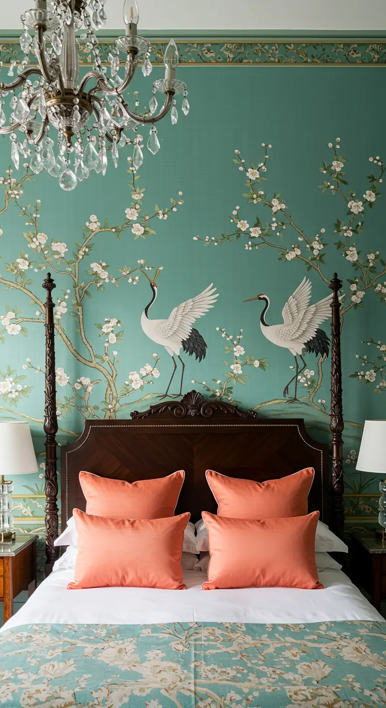 Dormitorio clásico con mural de estilo chinoiserie de grullas y flores de cerezo.