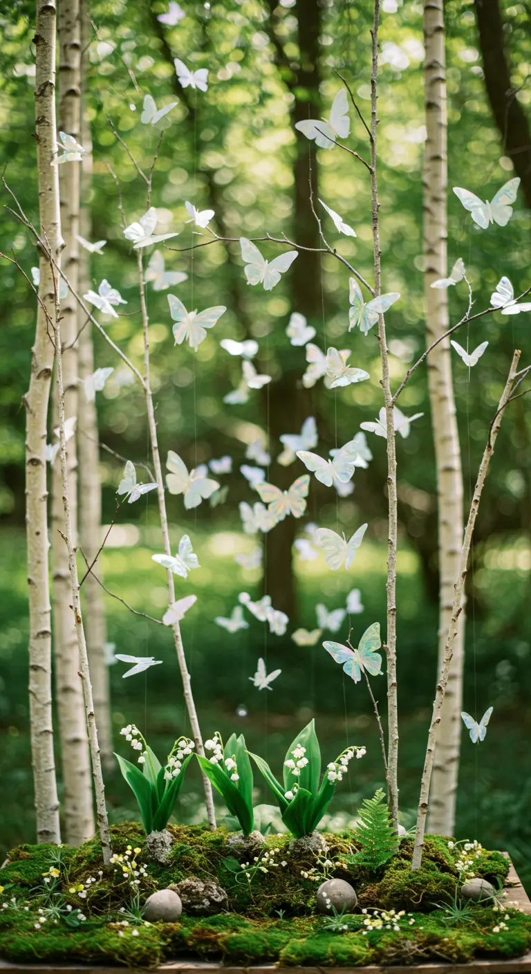 Decoración de boda con mariposas de papel iridiscente colgando entre abedules.