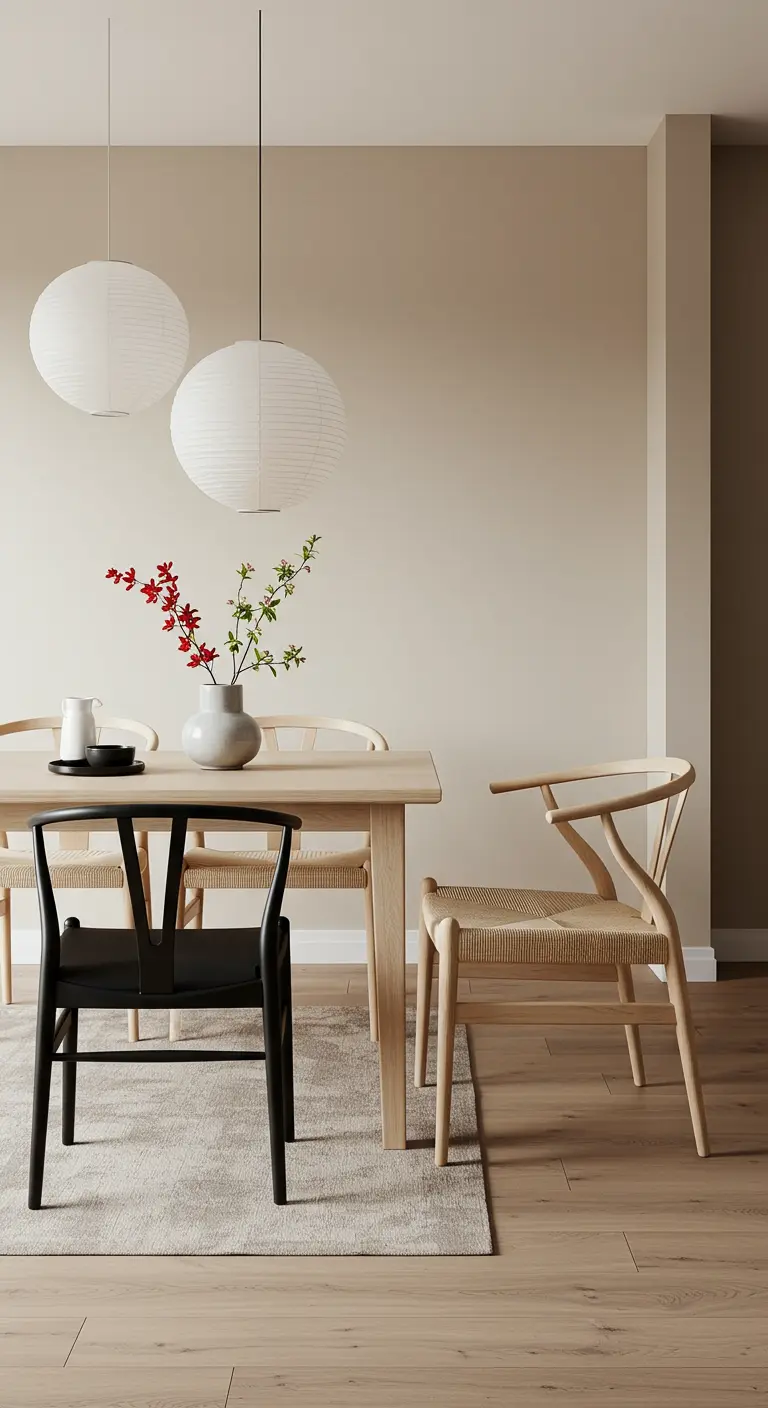 Comedor de estilo Japandi con sillas Wishbone en madera natural y en color negro.