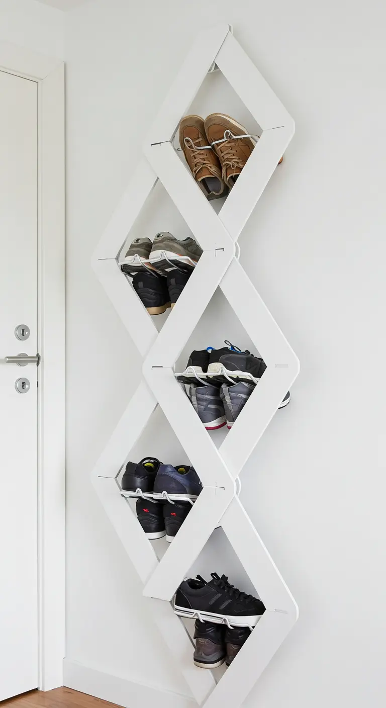 Zapatero de pared blanco y plegable con un diseño geométrico de rombos.