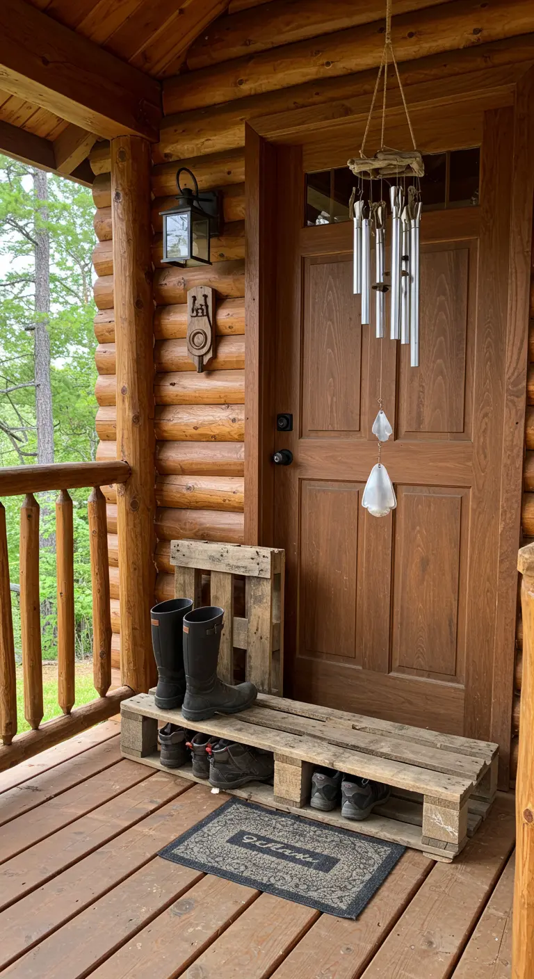 Un palet de madera apoyado en la pared de un porche de madera, utilizado como zapatero para botas.