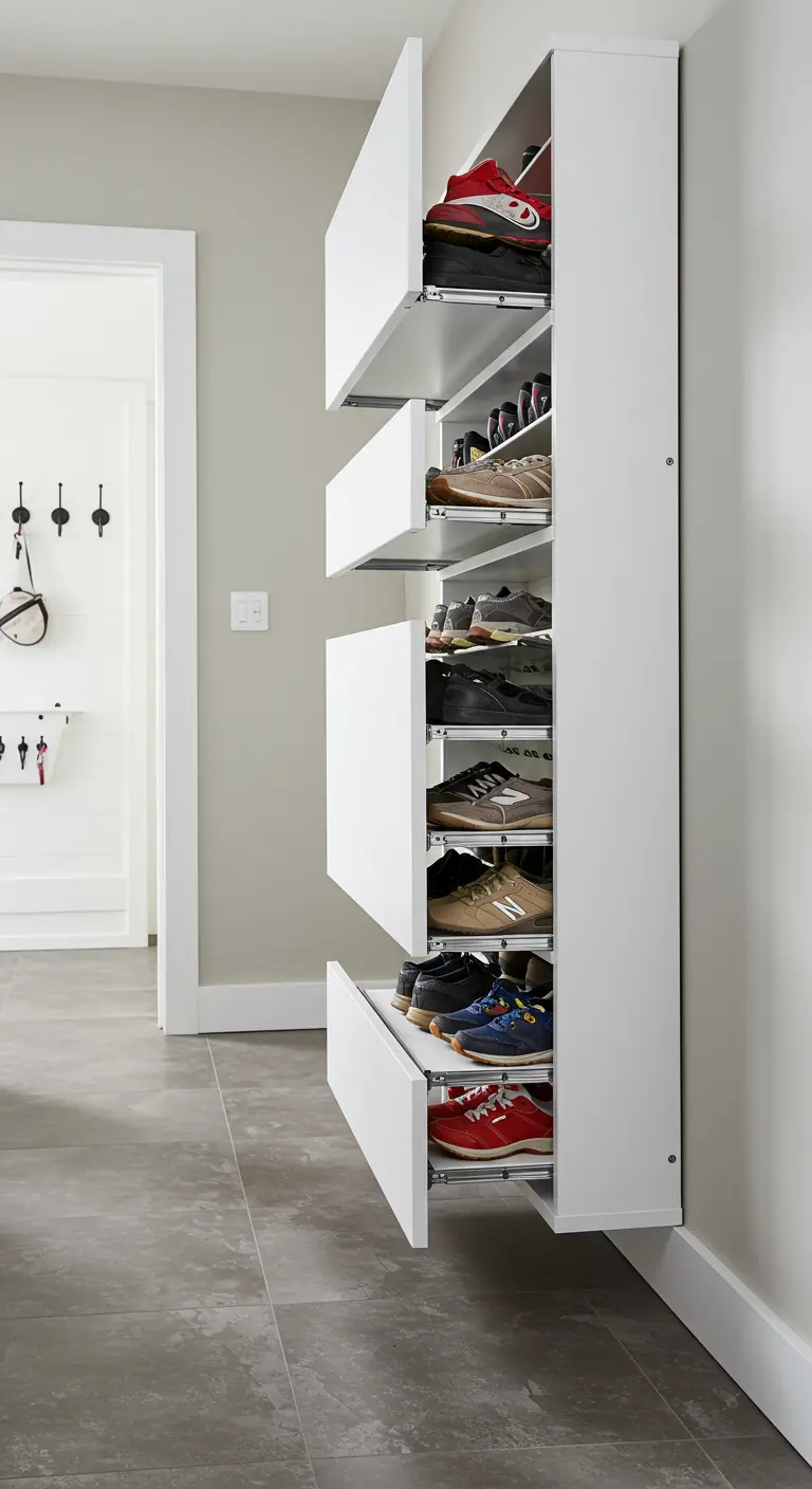 Mueble zapatero alto y blanco, con cajones extraíbles que muestran varios pares de zapatillas