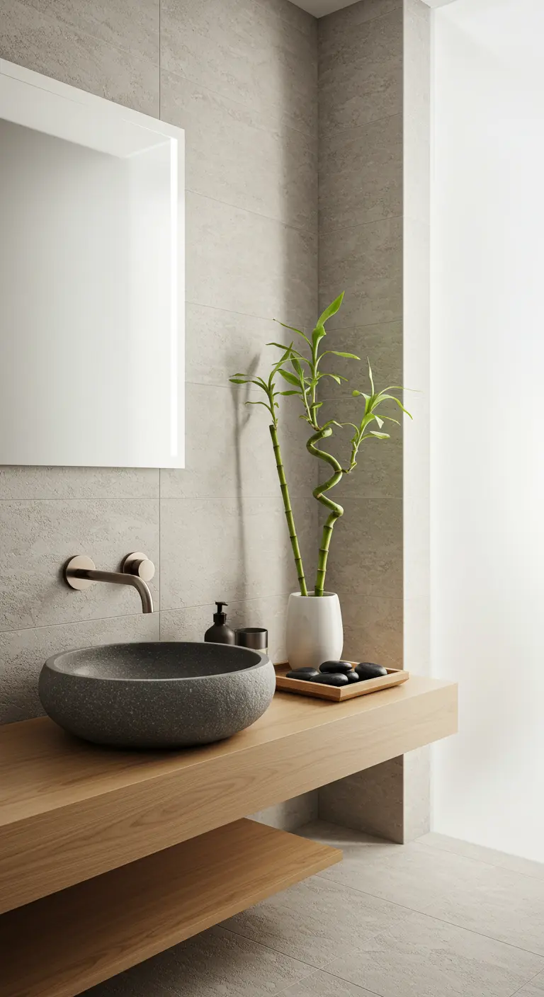 Baño minimalista con lavabo de piedra gris sobre encimera de madera y planta de bambú.