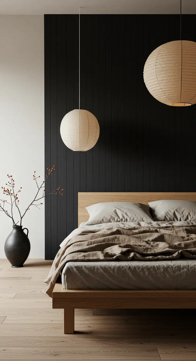 Dormitorio Japandi con pared de listones de madera negra y lámparas de papel.