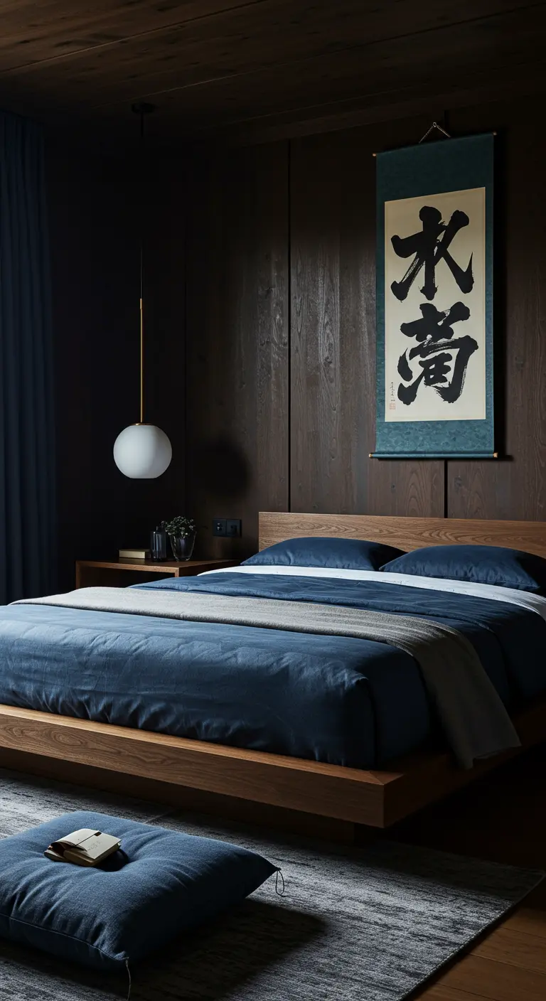 Dormitorio oscuro con paredes de madera, ropa de cama azul y un pergamino de caligrafía.
