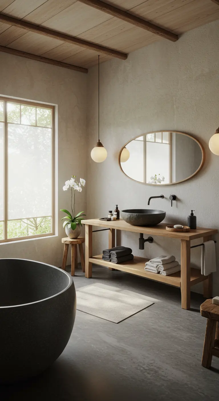 Baño de estilo wabi-sabi con espejo ovalado horizontal sobre un tocador de madera.